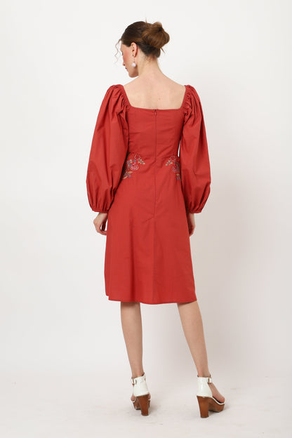 Tonal Embroidered Red Casual Midi Dress - S to XL
