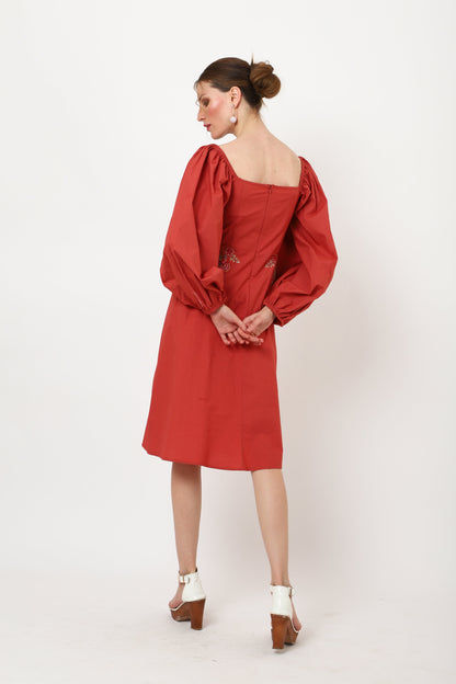 Tonal Embroidered Red Casual Midi Dress - S to XL