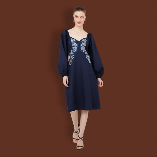 Tonal Embroidered Midnight Blue Casual Midi Dress - S to XL