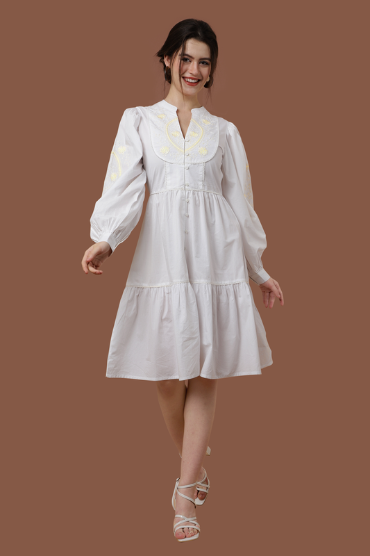 Tonal Embroidered Off White Casual Midi Dress - S to 3XL