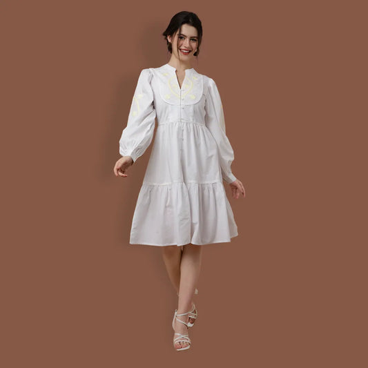 Tonal Embroidered Off White Casual Midi Dress - S to 3XL