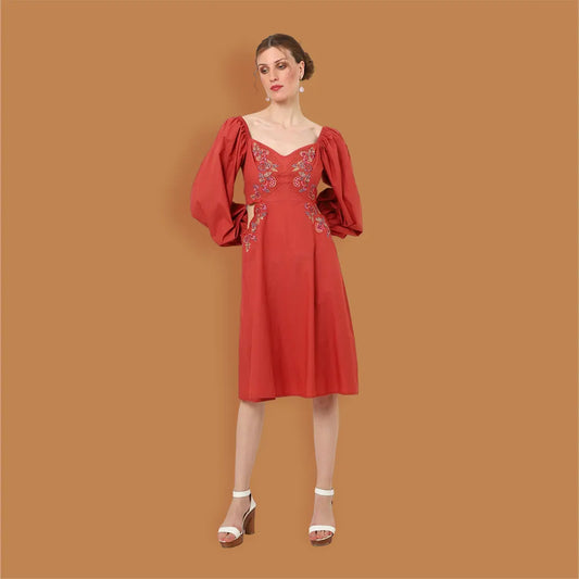 Tonal Embroidered Red Casual Midi Dress - S to XL