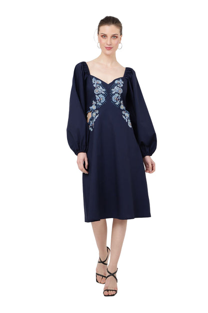 Tonal Embroidered Midnight Blue Casual Midi Dress - S to XL