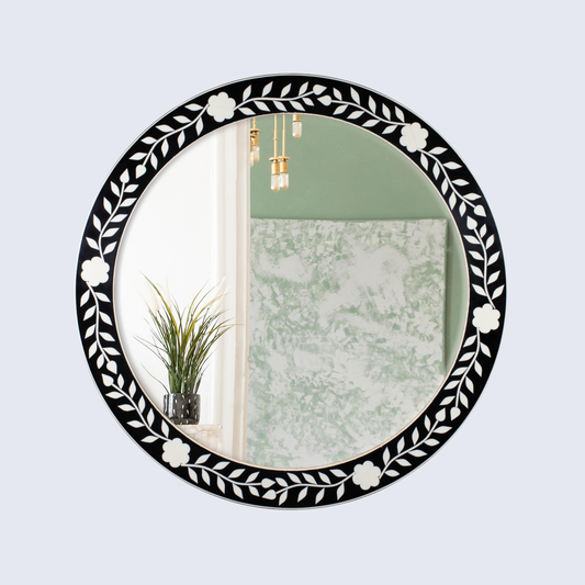 Handicrafts Home Round Black and White Floral Bone Inlay Wall Mirror, 28", Collection Chaucer-Queen