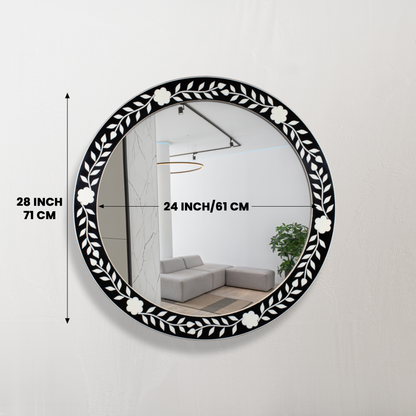 Handicrafts Home Round Black and White Floral Bone Inlay Wall Mirror, 28", Collection Chaucer-Queen