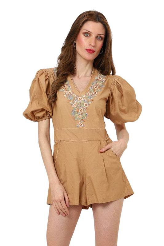 Tonal Embroidered Brown Romper Dress - XS to XL