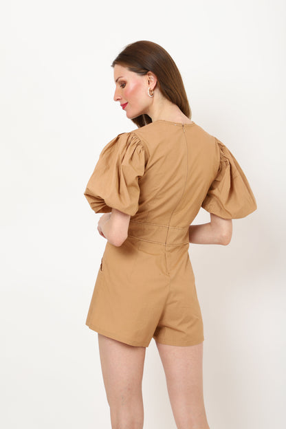 Tonal Embroidered Brown Romper Dress - XS to XL