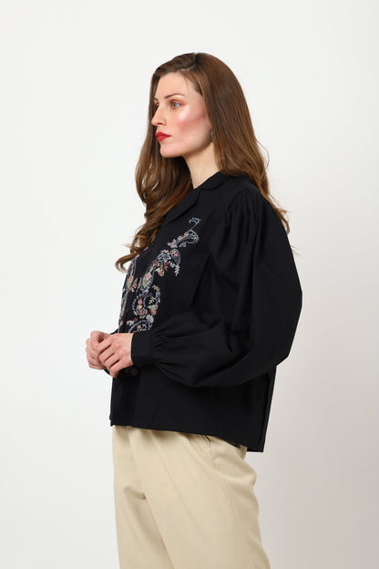 Detailed Embroidery Black Long Sleeve Top - XS to 3XL