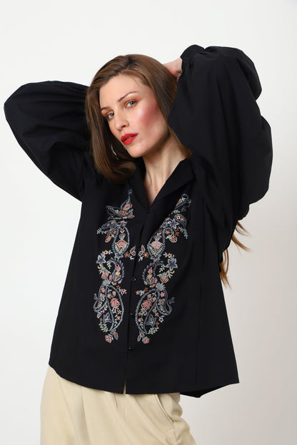 Detailed Embroidery Black Long Sleeve Top - XS to 3XL