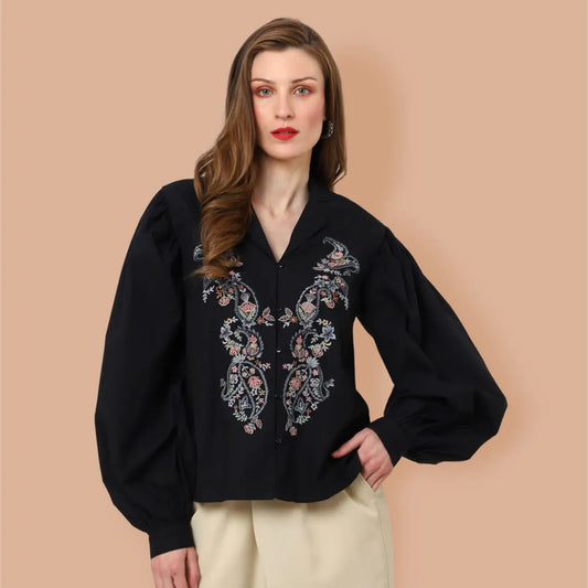 Detailed Embroidery Black Long Sleeve Top - XS to 3XL