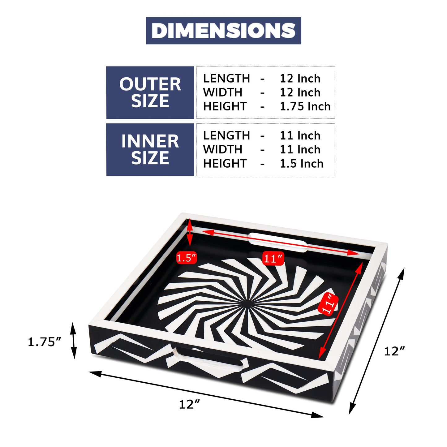 Decorative Tray Illusion Optic Black & White 12x12 Inch