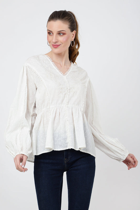 Tonal Embroidered Peplum Top with V-Neckline - S to 2XL