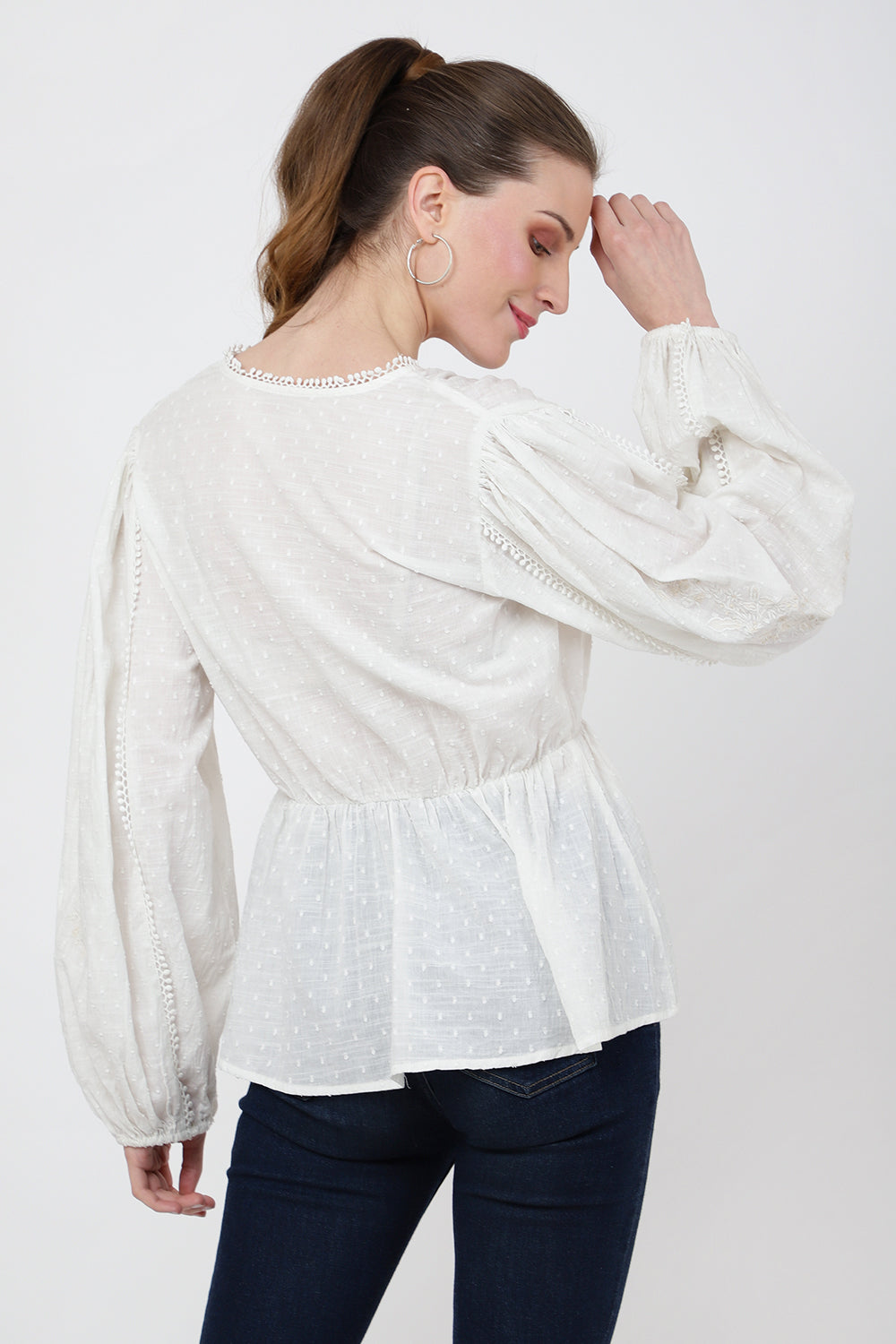 Tonal Embroidered Peplum Top with V-Neckline - S to 2XL